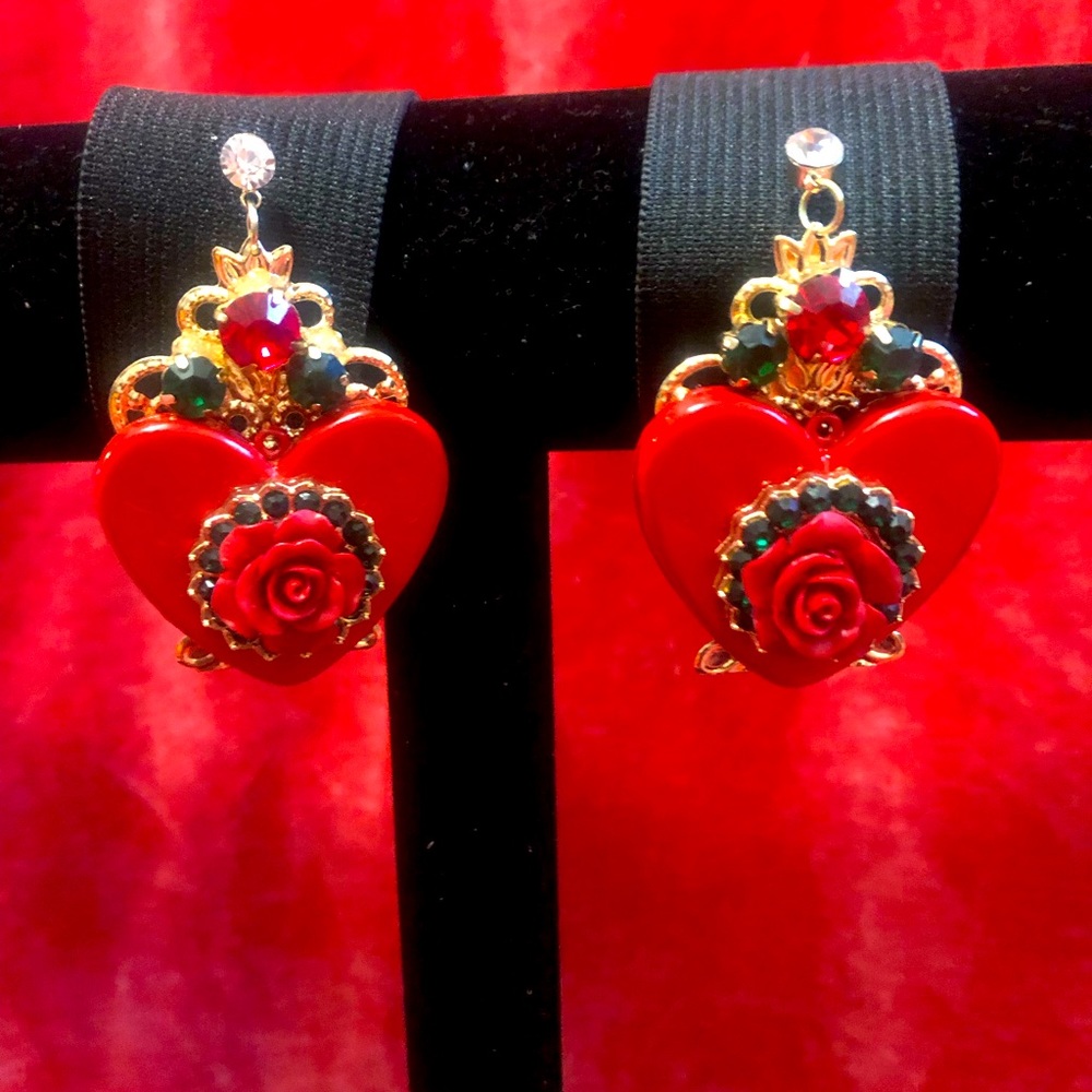 Gorgeous Baroque Red Heart Crystalized Earrings